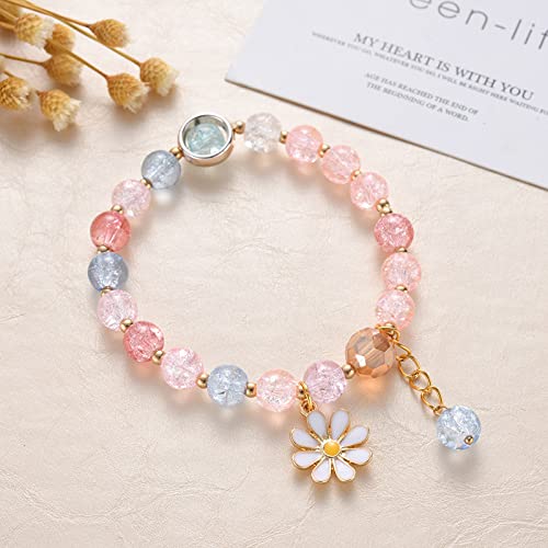 Colorful Flower Charm Bracelet - Daisy Accessory with Crystal Beads Bracelet for Women & Girls