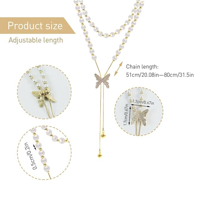 Butterfly Pearl Long Chain Pendant Necklace For Women & Girls