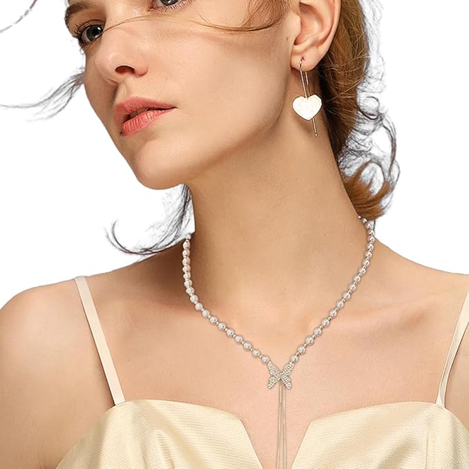 Butterfly Pearl Long Chain Pendant Necklace For Women & Girls