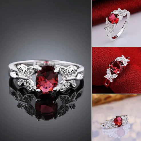 Butterflies-On-Ruby Silver Plated Red Ring for Women and Girls.
