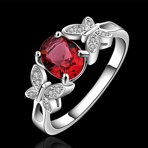 Butterflies-On-Ruby Silver Plated Red Ring for Women and Girls.