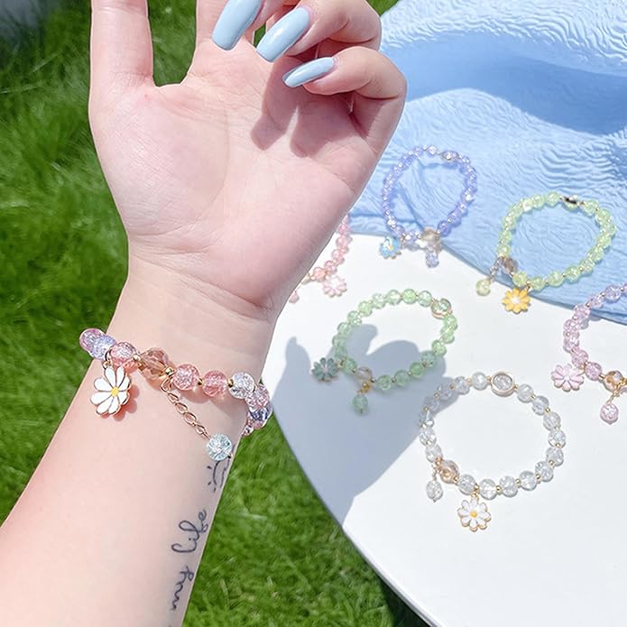 Colorful Flower Charm Bracelet - Daisy Accessory with Crystal Beads Bracelet for Women & Girls