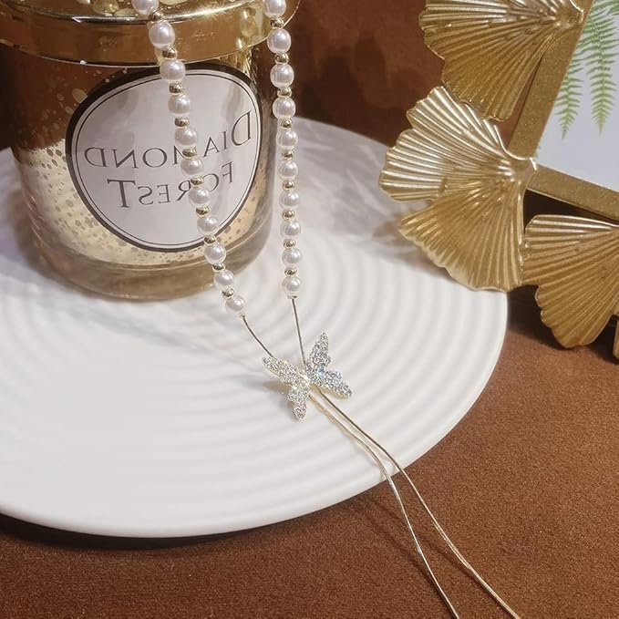 Butterfly Pearl Long Chain Pendant Necklace For Women & Girls