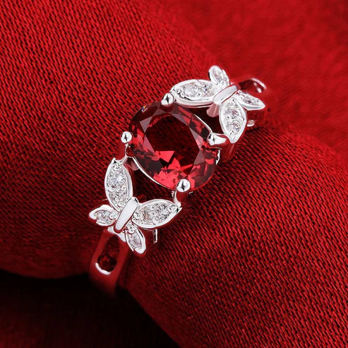 Butterflies-On-Ruby Silver Plated Red Ring for Women and Girls.