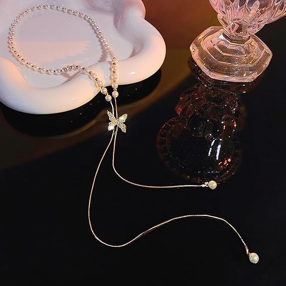 Butterfly Pearl Long Chain Pendant Necklace For Women & Girls