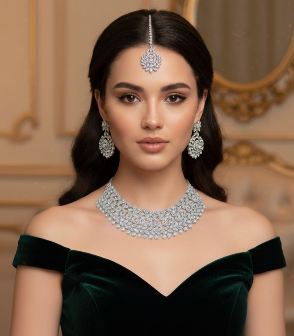 Royal Austrian Diamond Rhodium-Plated Choker Necklace Set with Maang Tikka & Earrings – Timeless Luxury for Women & Girls