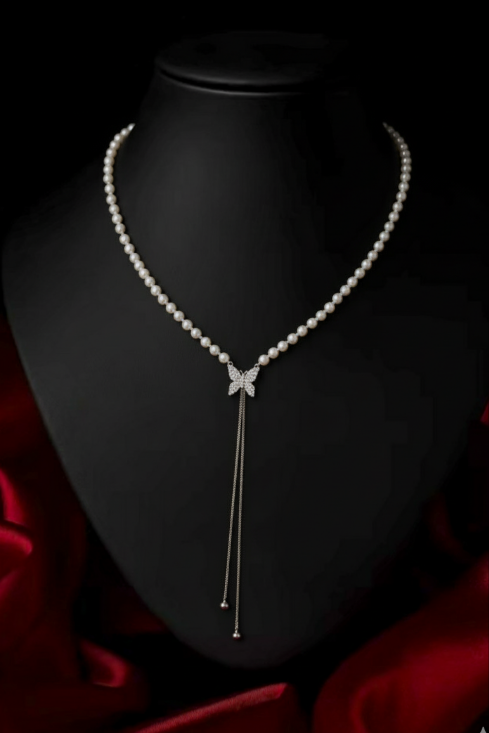 Butterfly Pearl Long Chain Pendant Necklace For Women & Girls