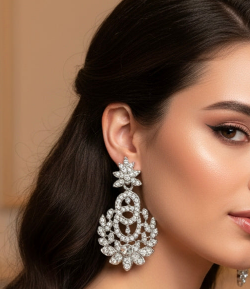 Royal Austrian Diamond Rhodium-Plated Choker Necklace Set with Maang Tikka & Earrings – Timeless Luxury for Women & Girls