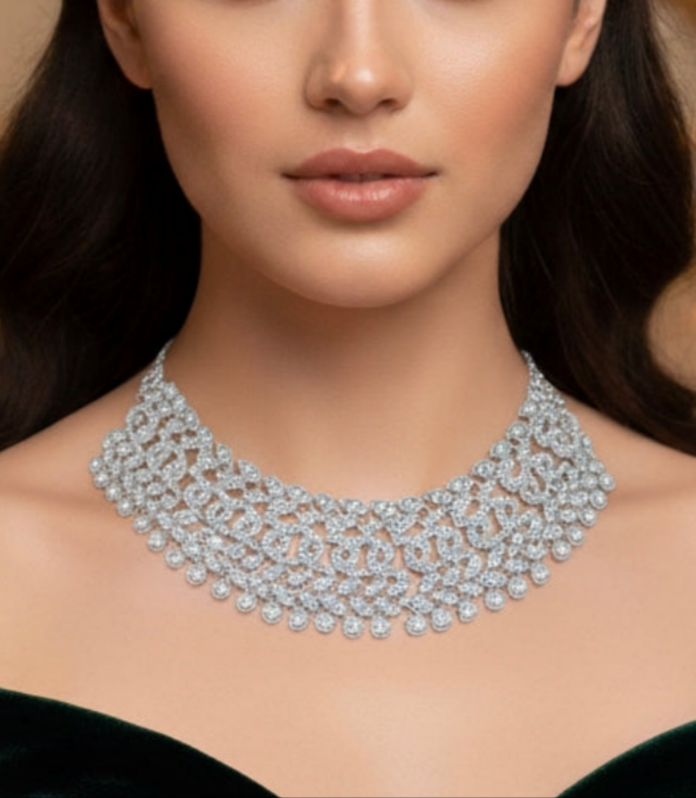 Royal Austrian Diamond Rhodium-Plated Choker Necklace Set with Maang Tikka & Earrings – Timeless Luxury for Women & Girls