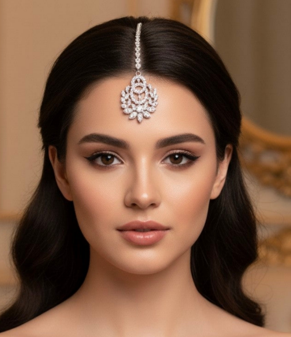 Royal Austrian Diamond Rhodium-Plated Choker Necklace Set with Maang Tikka & Earrings – Timeless Luxury for Women & Girls