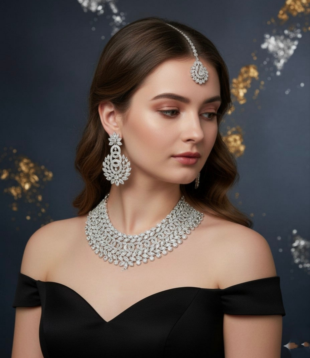 Royal Austrian Diamond Rhodium-Plated Choker Necklace Set with Maang Tikka & Earrings – Timeless Luxury for Women & Girls