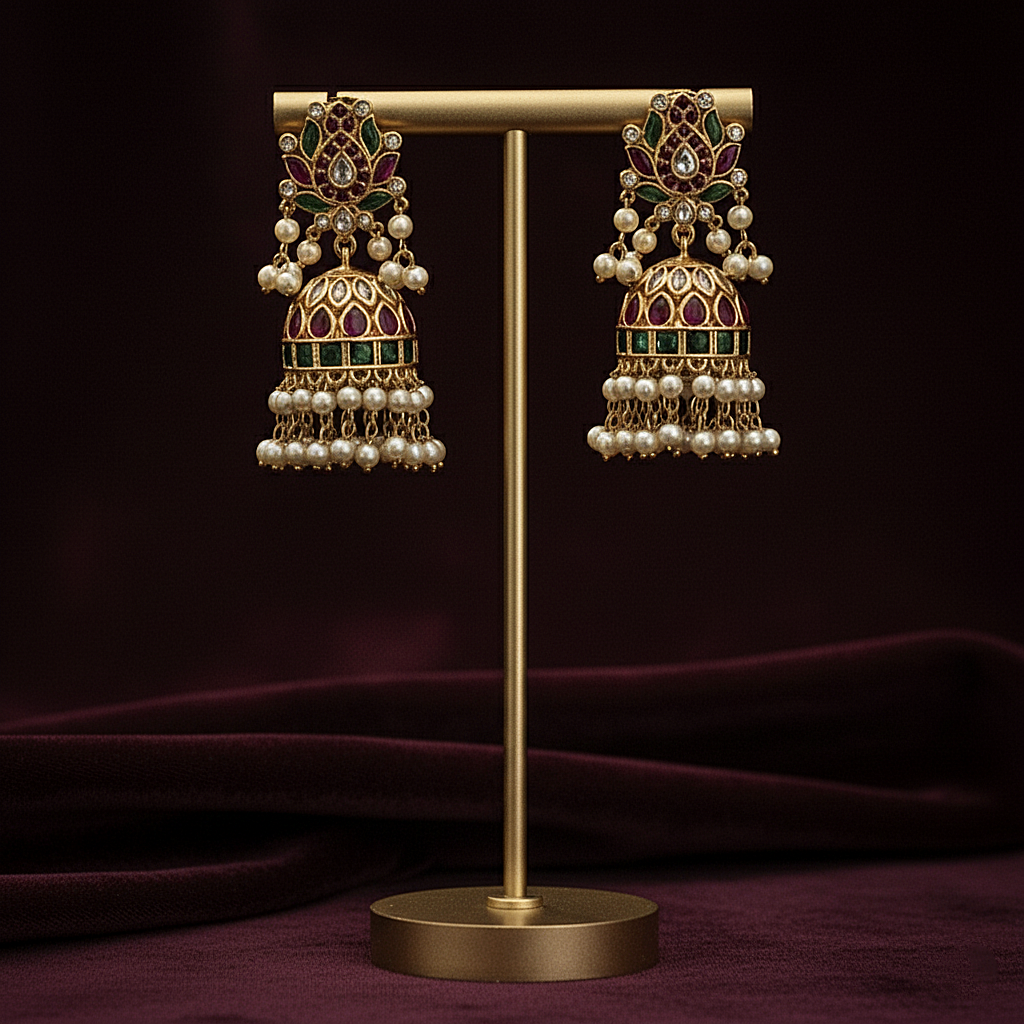 Premium Matte Finish Kemp Stone Pearl Jhumka Earrings | Gold-Plated Bridal & Festive Wear for Women