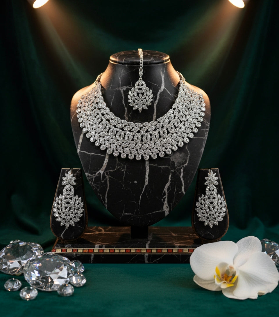 Royal Austrian Diamond Rhodium-Plated Choker Necklace Set with Maang Tikka & Earrings – Timeless Luxury for Women & Girls