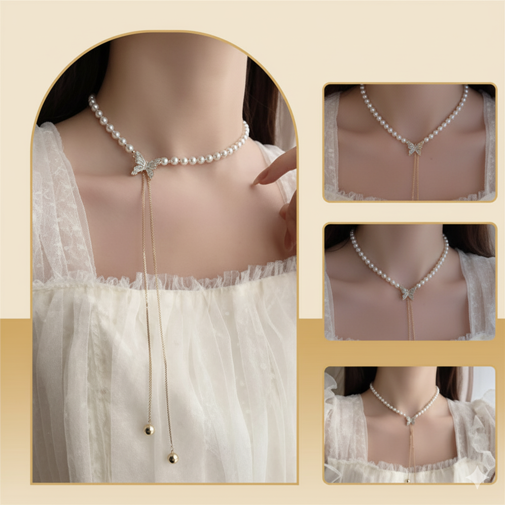 Butterfly Pearl Long Chain Pendant Necklace For Women & Girls