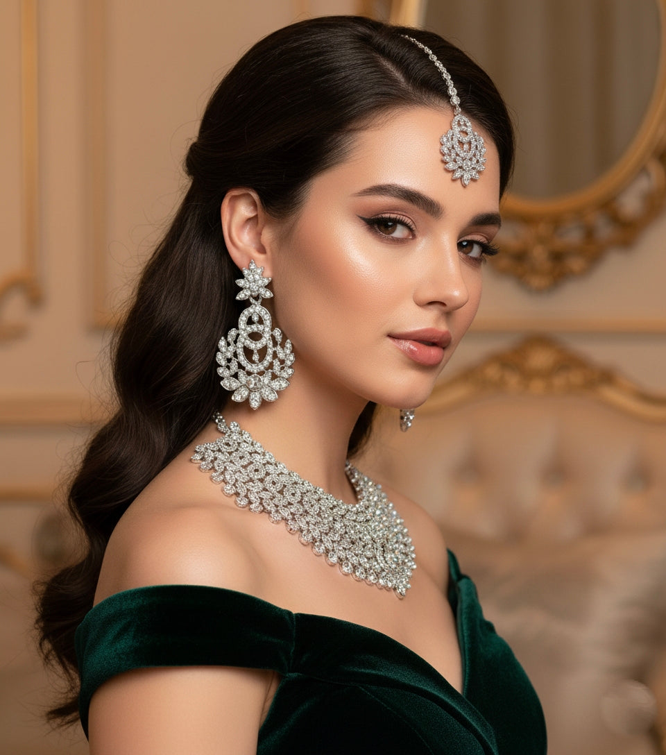 Royal Austrian Diamond Rhodium-Plated Choker Necklace Set with Maang Tikka & Earrings – Timeless Luxury for Women & Girls