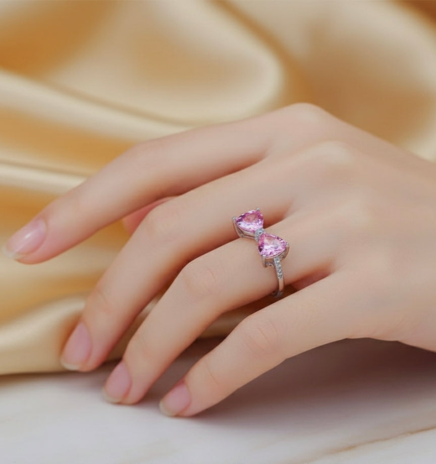Silver-Plated Cubic Zirconia-Studded Finger Ring (Pink)