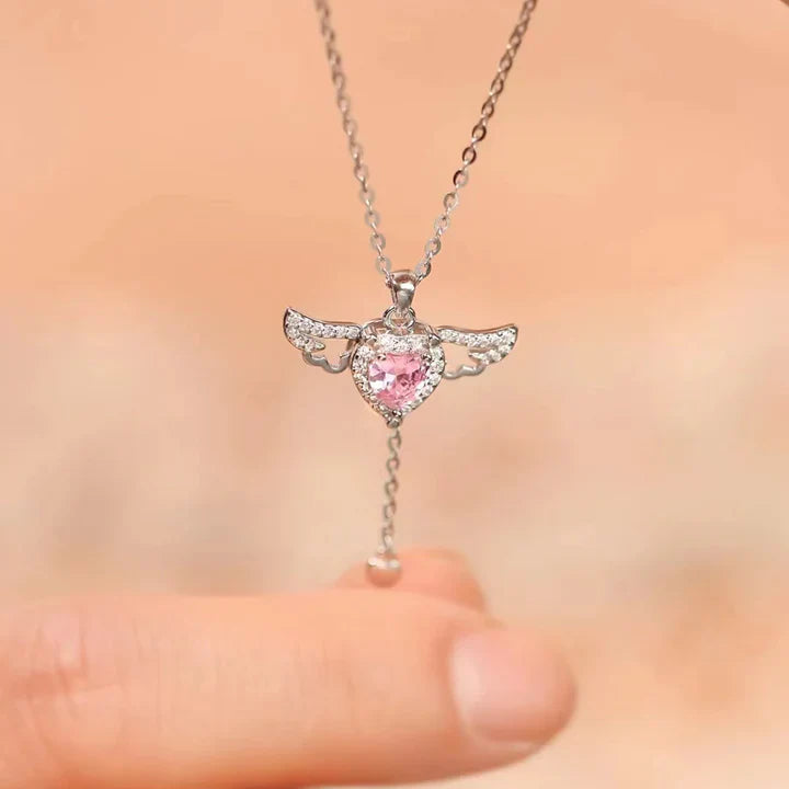 Movable Pink Crystal Zircon Diamond Love Heart Angel Wings Pendant Necklace For Women & Girls