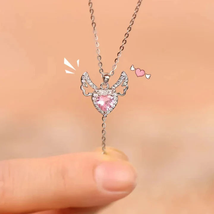 Movable Pink Crystal Zircon Diamond Love Heart Angel Wings Pendant Necklace For Women & Girls