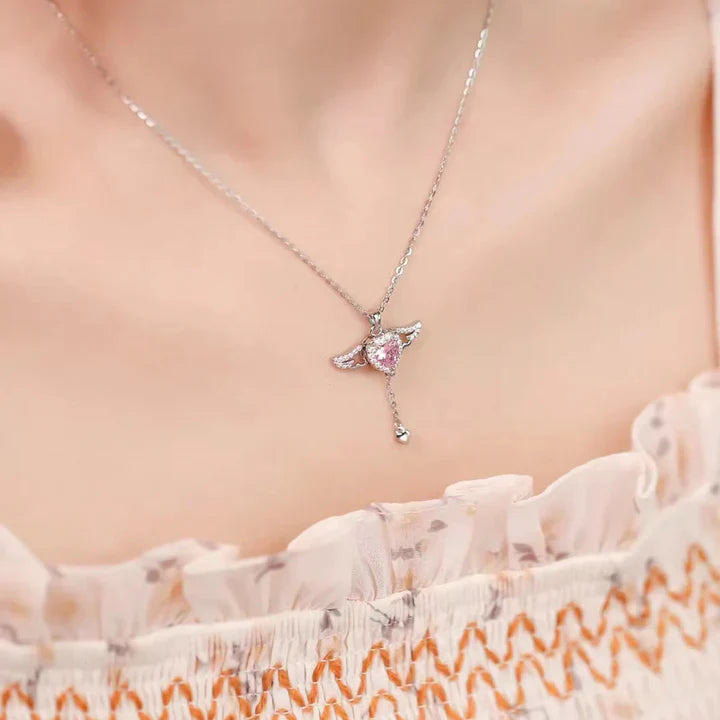 Movable Pink Crystal Zircon Diamond Love Heart Angel Wings Pendant Necklace For Women & Girls