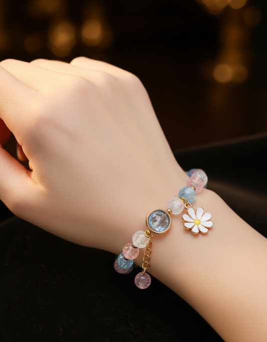 Colorful Flower Charm Bracelet - Daisy Accessory with Crystal Beads Bracelet for Women & Girls