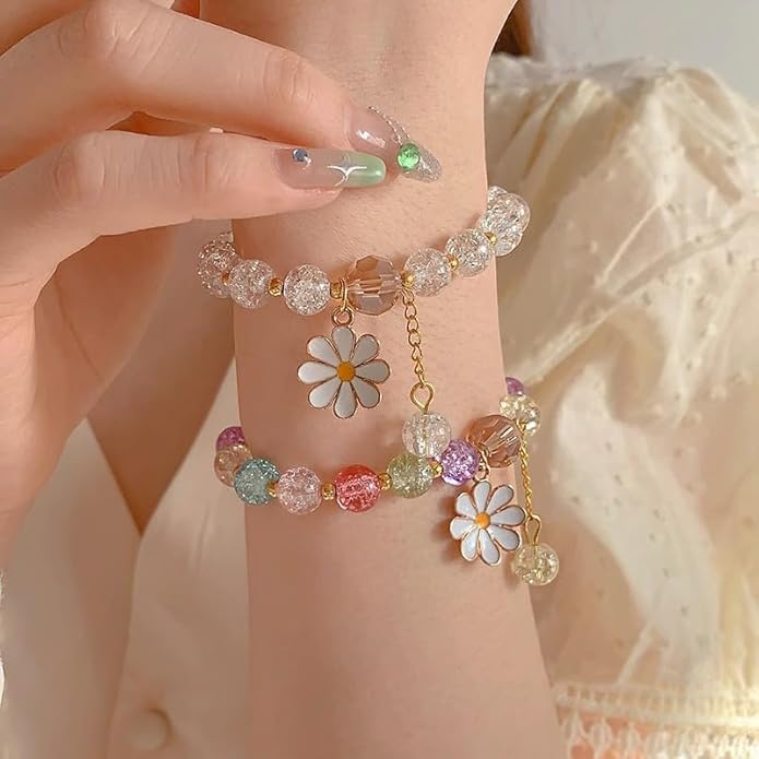 Colorful Flower Charm Bracelet - Daisy Accessory with Crystal Beads Bracelet for Women & Girls