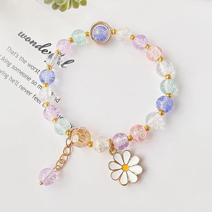 Colorful Flower Charm Bracelet - Daisy Accessory with Crystal Beads Bracelet for Women & Girls