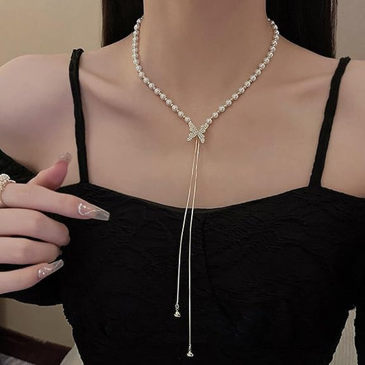 Butterfly Pearl Long Chain Pendant Necklace For Women & Girls