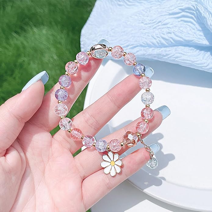 Colorful Flower Charm Bracelet - Daisy Accessory with Crystal Beads Bracelet for Women & Girls