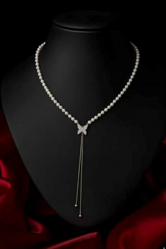 Butterfly Pearl Long Chain Pendant Necklace For Women & Girls