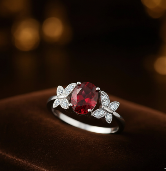 Butterflies-On-Ruby Silver Plated Red Ring for Women and Girls.