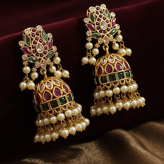 Premium Matte Finish Kemp Stone Pearl Jhumka Earrings | Gold-Plated Bridal & Festive Wear for Women