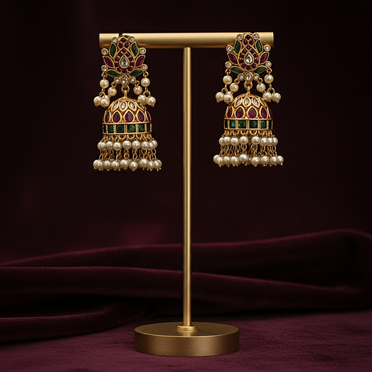 Premium Matte Finish Kemp Stone Pearl Jhumka Earrings | Gold-Plated Bridal & Festive Wear for Women