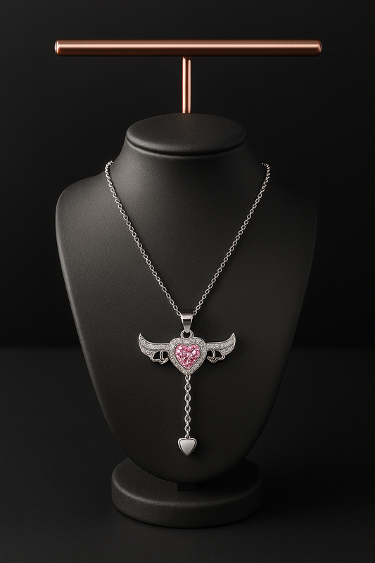 Movable Pink Crystal Zircon Diamond Love Heart Angel Wings Pendant Necklace For Women & Girls