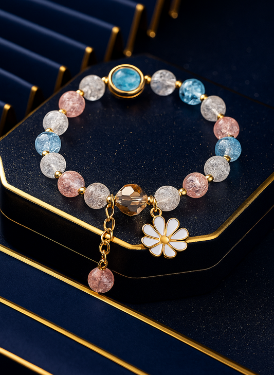 Colorful Flower Charm Bracelet - Daisy Accessory with Crystal Beads Bracelet for Women & Girls