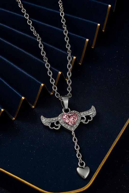 Movable Pink Crystal Zircon Diamond Love Heart Angel Wings Pendant Necklace For Women & Girls