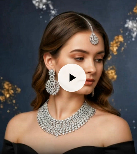 Royal Austrian Diamond Rhodium-Plated Choker Necklace Set with Maang Tikka & Earrings – Timeless Luxury for Women & Girls
