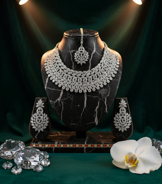 Royal Austrian Diamond Rhodium-Plated Choker Necklace Set with Maang Tikka & Earrings – Timeless Luxury for Women & Girls